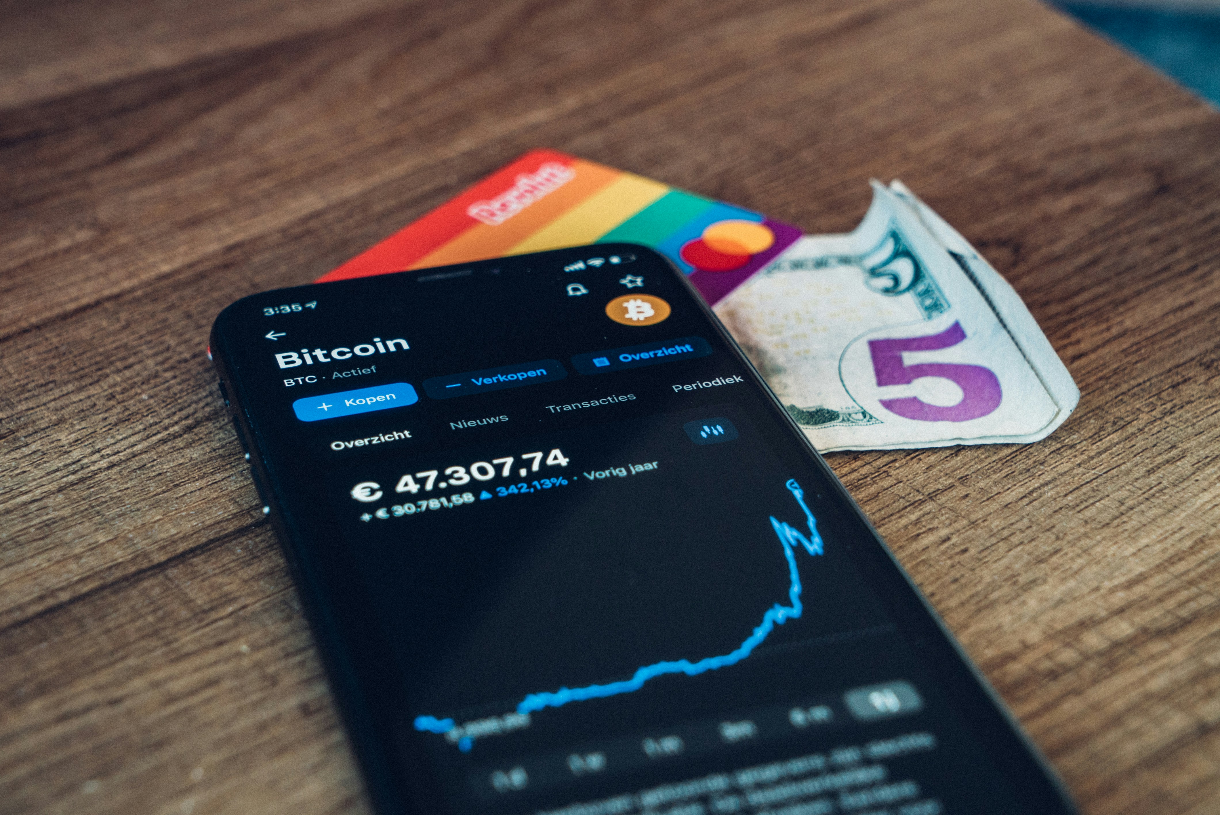 A smartphone displaying Bitcoin market data alongside a credit card and a five-dollar bill on a wooden surface.